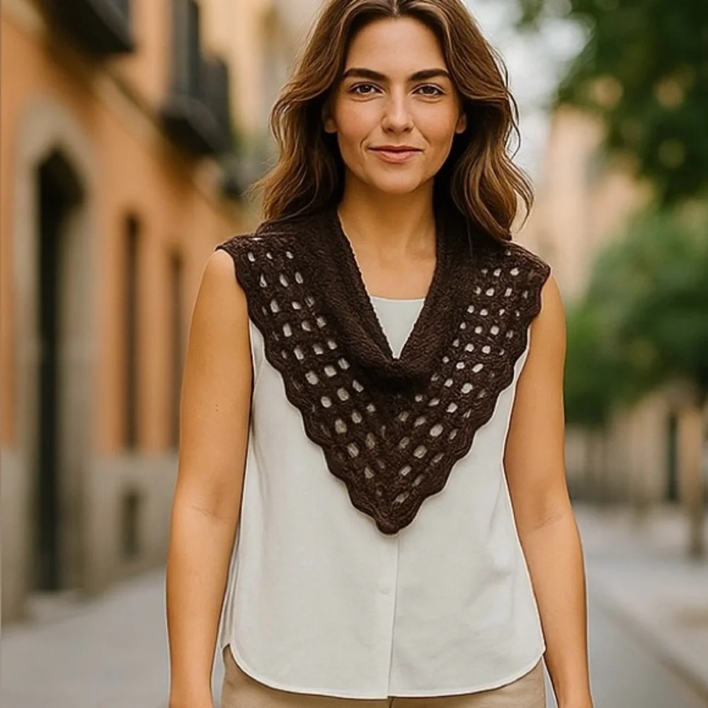 Scarf Triangle Cowl Shawl Hand Crafted Brown Gold Glitter Crochet Overlay